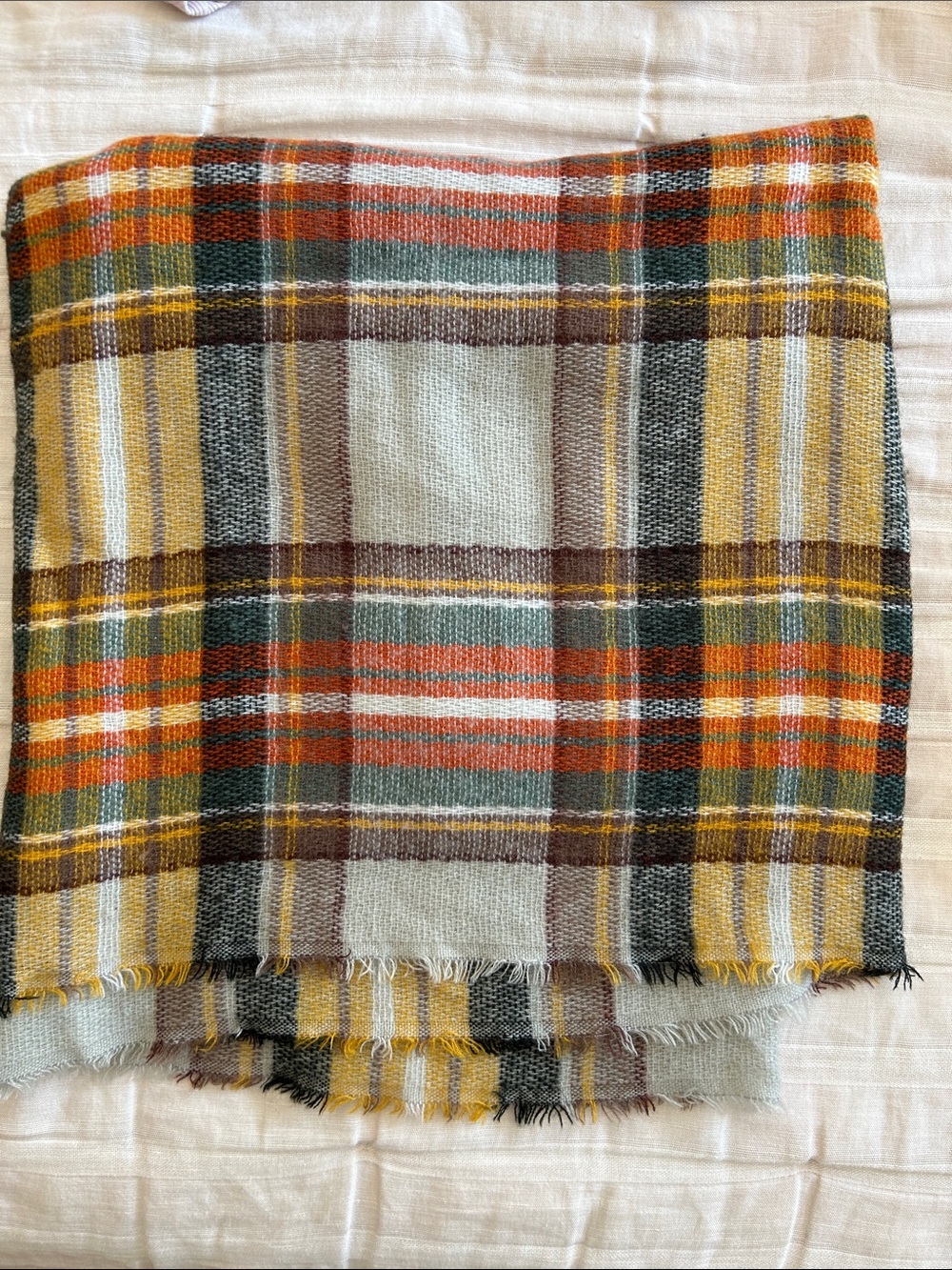 Plaid Fringe Scarf in Mustard, Orange, Brown, and Gray